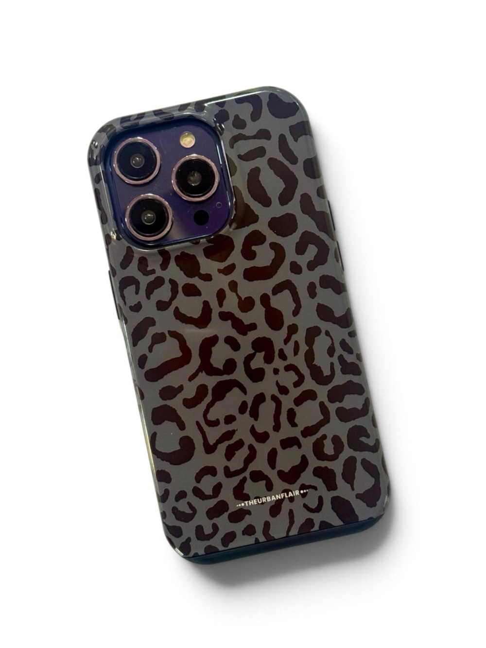 Cool Blue Grey Leopard Print MagSafe iPhone 14 Pro Case (Gloss Finish)